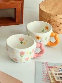 1 件手绘釉面陶瓷杯，可爱的粉色花卉图案，法式优雅向日葵杯 - 可用作茶杯、咖啡杯、高品质办公水杯，也可用作牛奶杯或燕麦碗，是女孩返校的理想礼物 - 彩色 - 查看 4