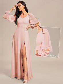 EVERPRETTY 春季开叉袖开叉大腿雪纺粉色婚礼伴娘礼服