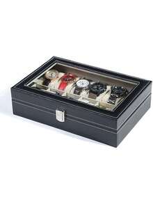 1pc Unisex Watch Box Organizer, 2/3/6/10/12 Slots Watch Storage Box With Top Glass Display And Removable Cushions In Each Slot, Made Of Premium Leather For Watch Collection And Display Summer For Women Storage Organizer Gift Wedding Back To School - Black - View 4