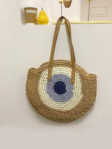 Bolso de paja para mujer, bolso de mano tejido a mano, forma redonda, bolso de ratán de gran capacidad, bolso casual de playa, bandolera, bolso de paja de gran capacidad, hecho a mano, bolso de hombro para playa y viajes - Caqui - Ver 5