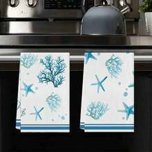 2/4 件套沿海航海厨房毛巾 - 超柔软超细纤维洗碗布，吸水珊瑚和海星海滨茶巾，适用于农舍厨房浴室装饰，卡通编织毛巾，40x60cm - 夏季礼物