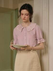 Simple Retro Woven Shirt With Floral Ruffled Collar And Tie - Up Cuffs For Spring And Summer - Purple - View 11