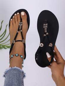 Women's 2025 Summer New Fashion Comfortable Sandals, Bohemian , Beach Flip Flops With Rhinestone Buckle Straps - Black - View 2