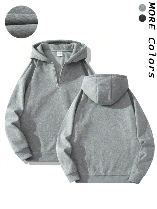 Men's Casual Plain Color Half-Zip Up Hoodie, Fashionable Streetwear