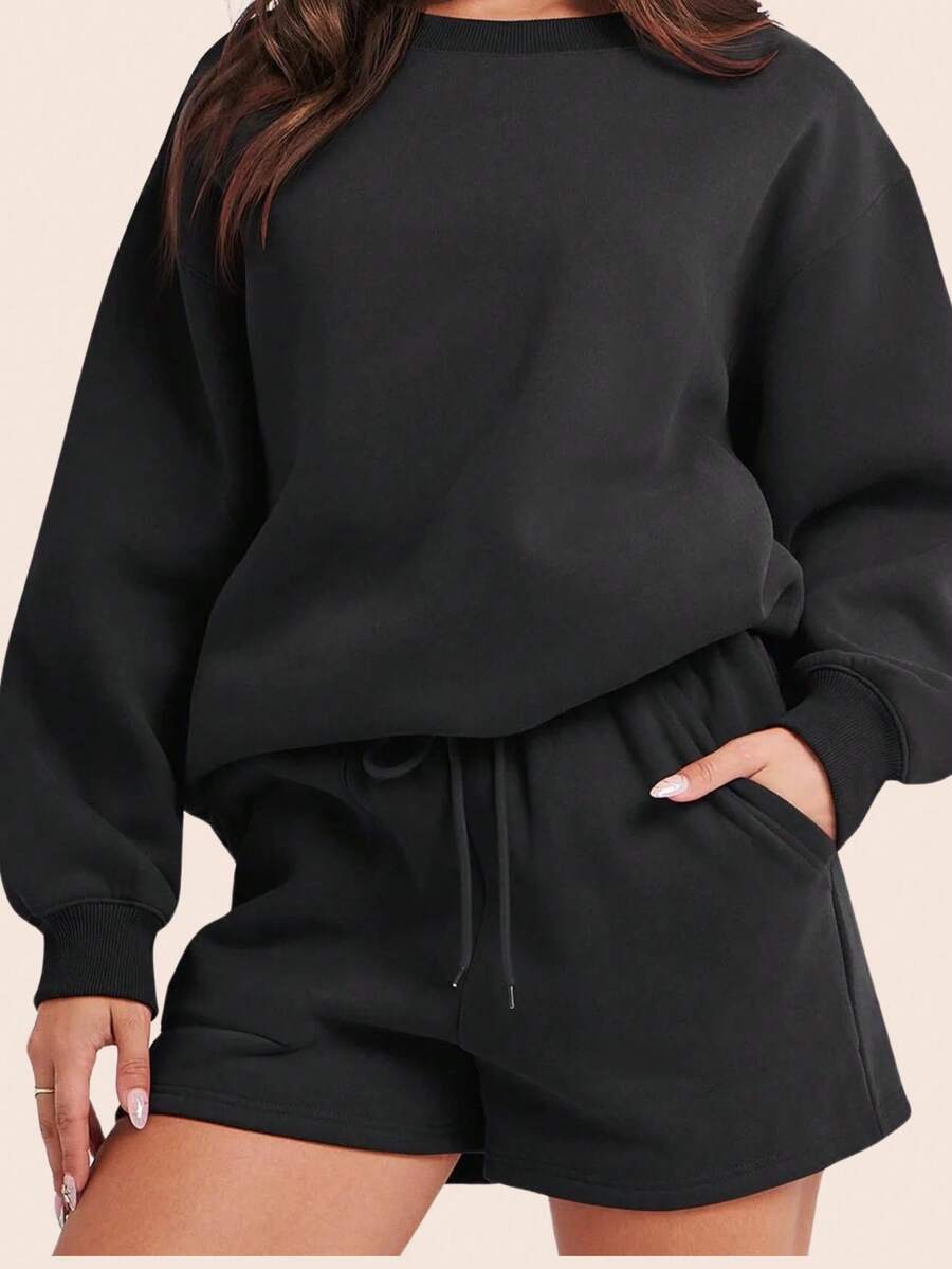 Women's Terry Sweat Shorts Bermuda Loose Elastic Waist With Pockets Comfortable Warm - màu đen - Xem 1
