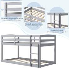 Lifezeal Twin Over Twin Low Bunk Bed With Guardrails Integrated Ladder Kids Wooden Grey/White/Beige/Pink - Grey - View 7