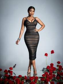 Elegant Midi Dress With Spaghetti Straps | Spring-Summer Formal & Casual Wear | Perfect For Wedding Receptions, Date Nights, Nightclubs, Evening Galas, Party Dress, For Cocktail