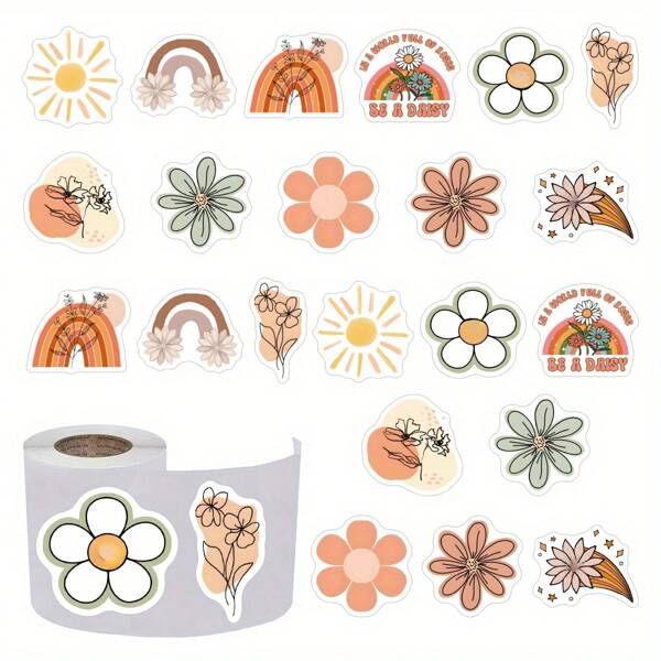 500 piezas/Paquete Pegatinas de flores arcoíris bohemias, rollos de pegatinas estéticas de dibujos animados y lindas, pegatinas autoadhesivas para scrapbooking, tarjetas, sobres, manualidades, tazas, planificadores, regalos, suministros para fiestas (etiquetas de 1 pulgada/10 diseños), útiles escolares, vuelta al colegio