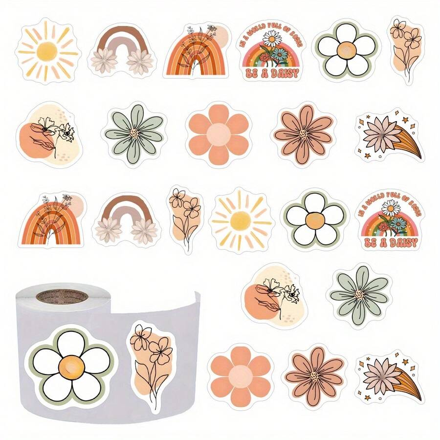 500 张/包波西米亚风彩虹花贴纸，卡通可爱美学贴纸卷，自粘密封贴纸，适用于剪贴簿、卡片、信封、手工艺品、杯子、规划师、礼品、派对用品（1 英寸标签/10 种设计）、学校用品、返校 - 杏色 - 查看 1