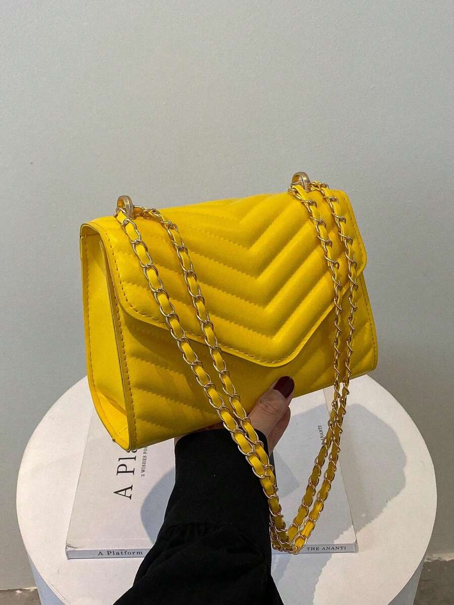 迷你时尚压纹 V 型链条斜挎包 - 黃色 - 查看 1