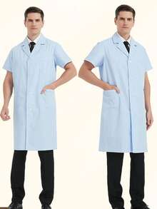 Bata de laboratorio/uniforme médico de manga larga para hombres con cuello y múltiples bolsillos, ropa de trabajo conjunto uniforme de hombre con parte superior de manga largas unicolor - Celeste - Ver 1