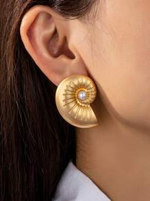 1 Pair Fashionable Sea Vacation Style Exaggerated Matte Metal Sea Shell & Pearl Earrings For Party & Holidays, Suitable For Spring/Summer