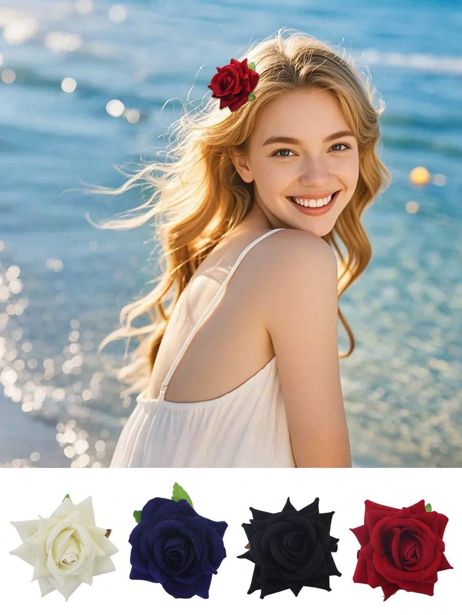 2 piezas Clips de pelo con diseño de rosa de moda, hechos de fibra de poliéster, lindos, adecuados para uso diario, maquillaje, fiestas, y apropiados para todas las estaciones, incluyendo Halloween - A - Ver 1