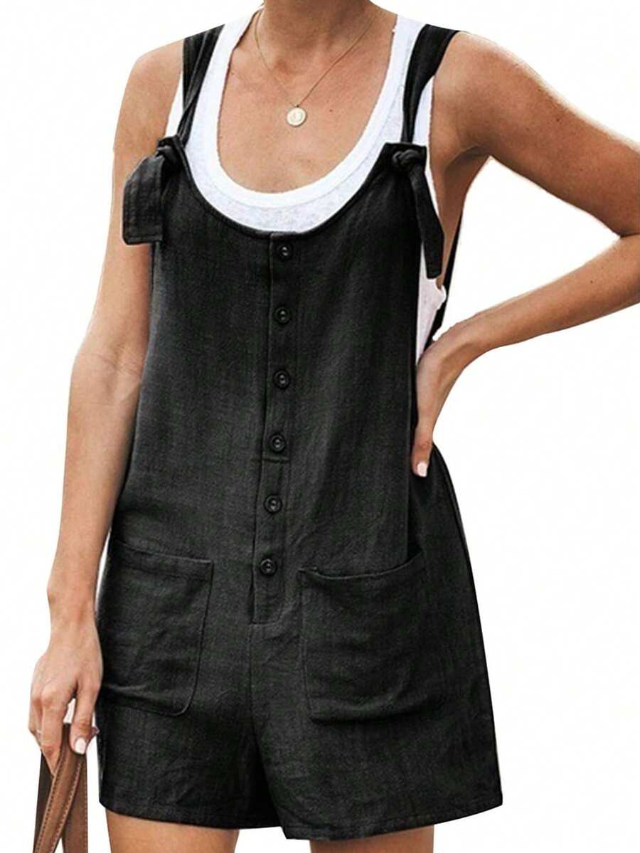 Women's Casual Summer Cotton Linen Rompers Overalls Jumpsuit Shorts - 黑色 - 查看 1