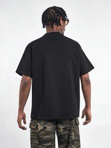 MT99 Amerykański napis Letter Print Okrągły Dekolt Szybko Schnący Oddychający T-shirt, Modny Ciężki Casual Top, Kolor Czarny