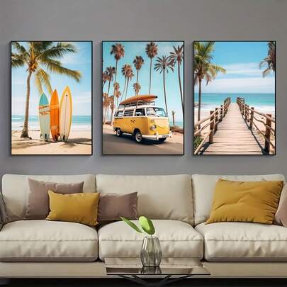 BAEMEFLE 3pcs Surfing Beach Theme Canvas Wall Art With Interchangeable Frames: Perfect Gift For Summer Travel Themed Decor In Bedroom, Living Room Or Hallway - Reusable, Rectangular, 3pcs Unframed Coastal Landscape Paintings