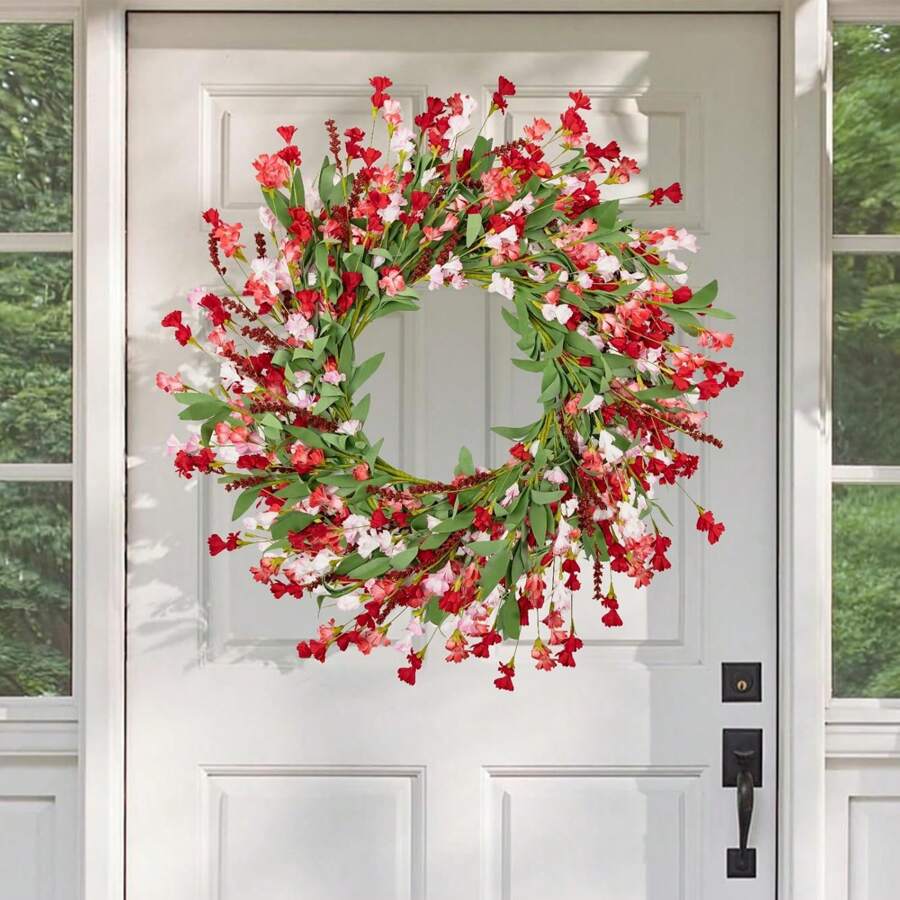 Artgar Front Door Wreaths 24 Inch Spring/Summer Wreath For Front Door, Front Door Wreaths For All Seasons For Indoor Outdoor Home Office Wall Window Wedding Farmhouse Decor (Red&Orange&Purple)