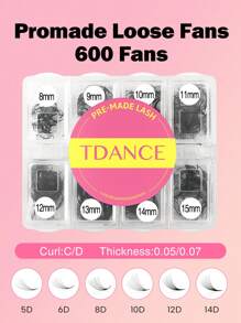TDANCE 1 Caixa TDANCE com 600 Leques C/D Pré-montados, Extensões de Cílios 5D/6D/8D/10D/12D/14D de 8-15mm Comprimento Misto, Leques Soltos Pré-montados Volume Base Pontuda Extensão de Cílios Volume Profissional Feito à Mão Macios 0,05mm/0,07mm