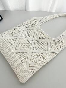 Crochet Woven Hollow-Out Design Tote Bag, Minimalist Large Capacity Women Shoulder Bag, Portable, Suitable For Teenagers, Female College Students, Great For Work, Back To School, Middle/High School, University, Vacation, Travel