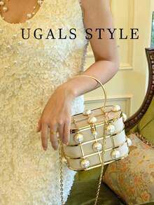 Luxury 2024 Women'S Bridal Wedding Purse Party Prom Rhinestone Pearl Woven Crossbody Bag Fashion Evening Flower Bucket Bags - White - View 5