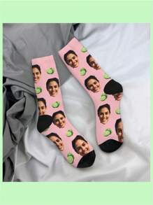 1 Pair Customizable Face Pink Lemon Pattern Mid-Calf Socks For Men, Holiday Gift