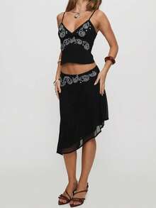Women's 2 Piece Skirts Outfits Floral Print Spaghetti Strap V-Neck Cami Tops Asymmetrical Midi Skirts Clothes Set - 黑色 - 查看 1