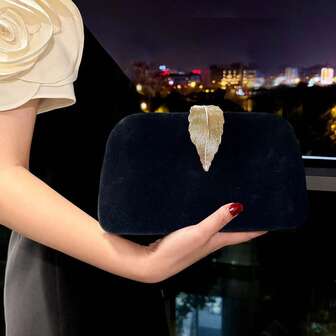 Bolsa Clutch de Folha de Veludo Preto, Bolsa Clutch Quadrada Pequena Elegante de Metal Retrô na Moda, Adequada para Vestido Formal e Festa