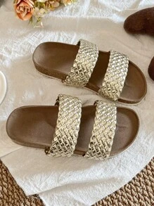 1 par de chanclas de verano promoción color marrón tierra, resistentes al desgaste, de moda y sencillas, con suela blanca gruesa, para niñas de 3 a 12 años, adecuadas para uso interior y exterior, con diseño trenzado de doble hebilla dorada