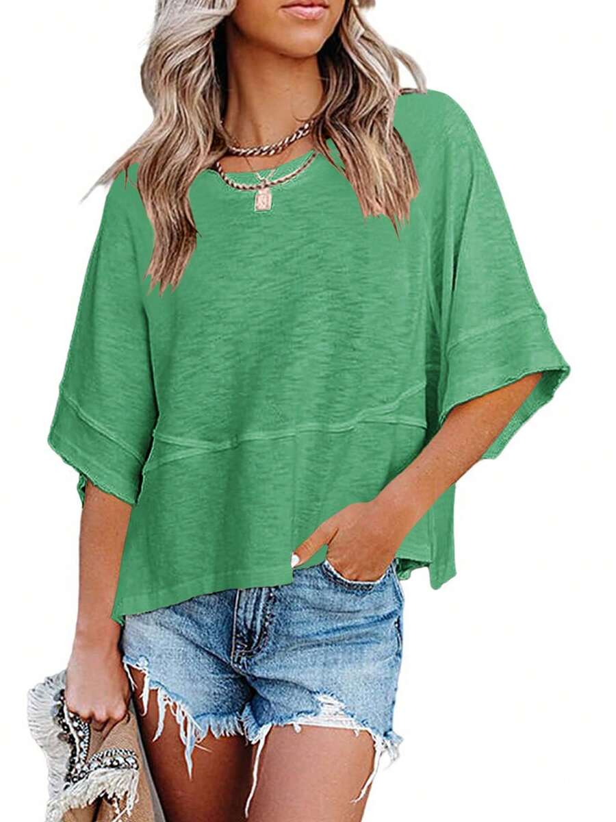 Women's Summer Casual Crewneck Batwing 3/4 Sleeve T-Shirts Solid Color Loose Fit Cute Basic Flowy Tops Tees Blouses - 綠色 - 查看 1