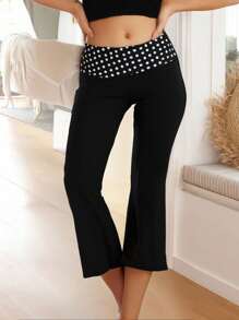 Womens Capri Pants Leggings Low Waist Dots Print Slim Fit Flare Pants Pull-On Trousers