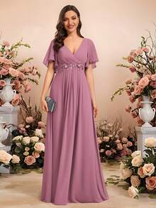 优雅V领刺绣荷叶边袖褶皱雪纺浅粉色伴娘礼服、婚礼宾客礼服、半正式晚礼服、新年礼服 - 藕粉色 - 查看 8