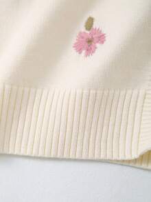 Girls Knit Round Neck Delicate Floral Embroidery Knit Hollow Side Knit Vest - Beige - View 5