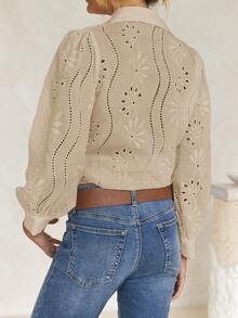 Vaiaye Women's Embroidered Solid Color Lace-Up Long Sleeve Top, Suitable For Valentine's Day, Everyday Wear, Travel, Mother's Day, Birthday And Party Occasions - Apricot - View 7