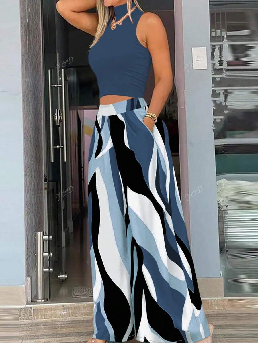 Conjunto de Duas Peças com Top de Malha de Gola Semialto com Padrão de Ondas e Calça Pantalona Tecida, Estilo Casual de Férias para Mulheres
