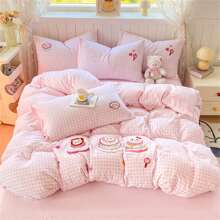 4Pcs, Gingham Bedding Set With Cute Cartoon Embroidery – Stylish Bedroom Decor For Global Shop