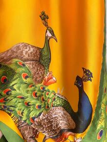 1 Set Plus Size Long Shawl Set For Women Faux Silk Peacock Print Shawl & Scarf Set, Perfect For Beach Outings, Sun Protection, Layering, And Daily Wear! - Yellow-green - View 4