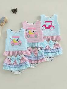 Toddler Girl Summer Outfit Golf Cart Embroidery Stripe Print Round Neck Tank Tops With Tiered Ruffled Shorts 2Pcs Set - Blue - View 6