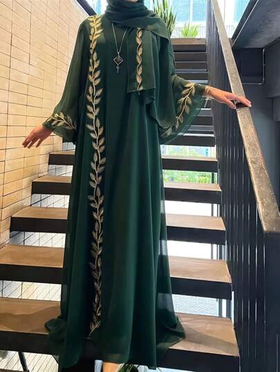 2pcs Dress Set, Fashionable Streetwear Style, Embroidered Robe + Headscarf, Modest Abaya