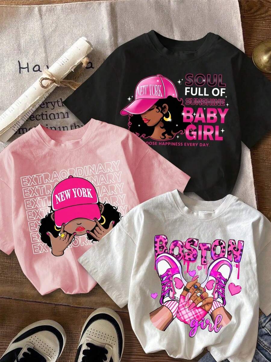 少女热带印花圆领短袖 T 恤上衣，夏季