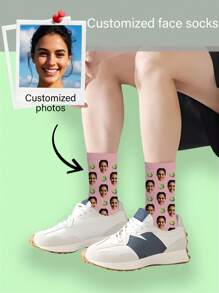 1 Pair Customizable Face Pink Lemon Pattern Mid-Calf Socks For Men, Holiday Gift