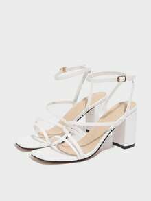 Women's Chunky Heel Mid-Heel Open Toe Buckle Strap Sandals, Breathable Strap High Heel Roman Sexy Sandals, White - White - View 4