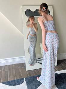 Summer European And American Style Ditsy Floral Bow Lace Trim Camisole Long Dress 2 Pieces Set, Vacation Casual Elegant