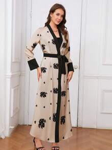 Women Elegant Floral Print Long Sleeve Cardigan, Versatile - Apricot - View 2