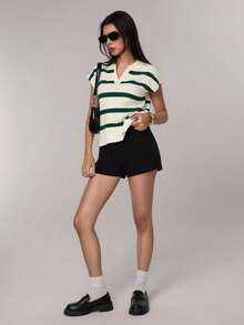 FOR BEAUTY Spring/Summer New Vintage Striped Contrast Color Lapel Sleeveless Knit Top, Loose Casual Pullover, Commuting Style, Christmas Top, New Year - Apricot Dark Green - View 8