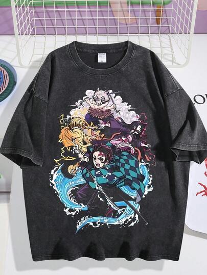  EWH Vintage Washed Denim Cotton T-Shirt Summer Short-Sleeve Anime Demon Killer Kimetsu No Yaiba T-Shirt Street Harajuku Style DG004