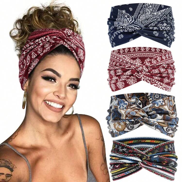 1pc Women's New Bohemian Paisley Pattern Retro Print Yoga Headband, Elastic Sports Criss-Cross Hairband,Hair Accessories,Turban Headband, Sweatband Fall Winter Hair Band For Vacation Outfits Woman Elegant Scarf Women Bandanas Soft Headwrap - Multicolor - View 12