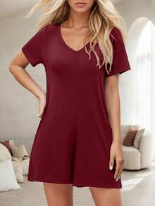 tooluck Women's Summer Casual Rompers Short Sleeve V Neck Loose Fit Jumpsuit 2025 One Piece Jumps - Burgundy - View 2