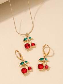 1 套甜樱桃项链和耳环首饰套装，适合女性日常佩戴，送给女朋友的礼物，春夏季 - 金色 - 查看 3