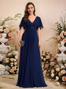 优雅冬季V领刺绣荷叶边袖褶皱雪纺藏蓝色伴娘礼服、婚礼宾客礼服、半正式晚礼服、新年礼服 - 藏蓝色 - 查看 7