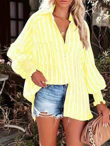 大码女装春夏优雅旅行度假条纹水洗复古风宽松灯笼袖衬衫 - 黃色 - 查看 5